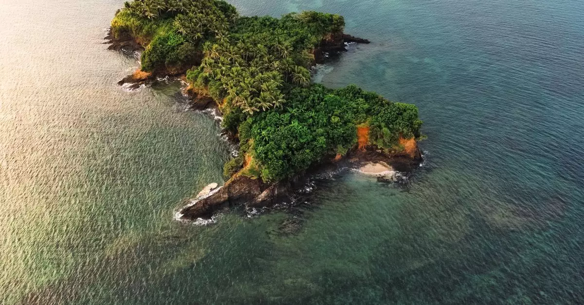 Aerial shot of a lush, green island surrounded by clear waters in the Philippines.