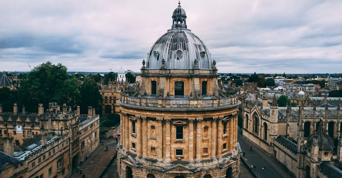 Aerial view of the iconic Radcliffe Camera in Oxford, England, showcasing classic architecture.