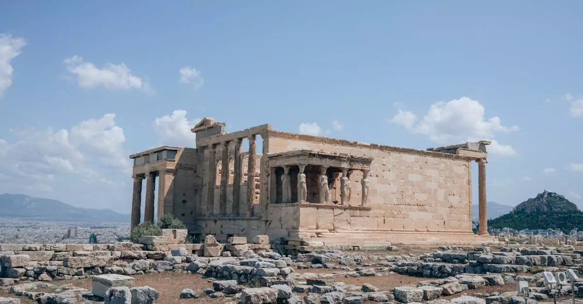 The ancient Erechtheion temple on the Acropolis in Athens, showcasing classical Greek architecture.