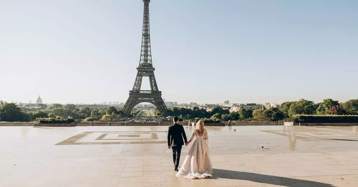A bride and groom sharing a romantic moment in front of the iconic Eiffel Tower in Paris.