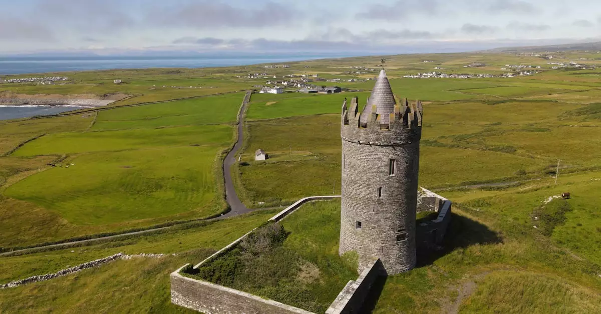 Aerial shot of Doonagore Castle surrounded by lush grassland in County Clare, Ireland.