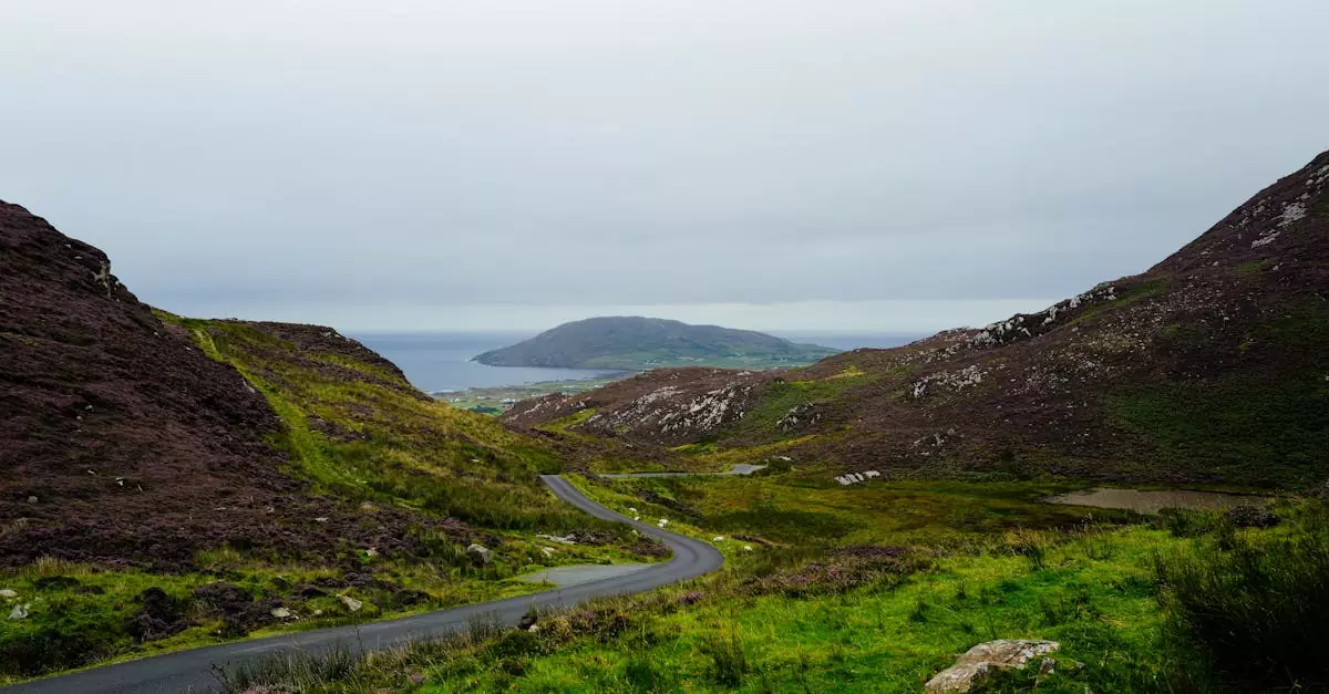 Beautiful winding road through the lush, verdant Irish highlands with distant water views.