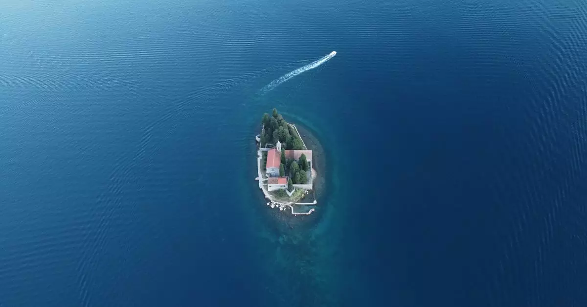 Aerial view of Saint George Island near Perast, Montenegro, in the Adriatic Sea.
