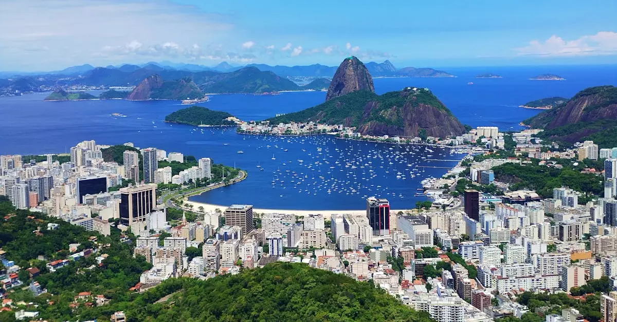 A breathtaking aerial view of Rio de Janeiro's coast showcasing Sugarloaf Mountain and vibrant cityscape.