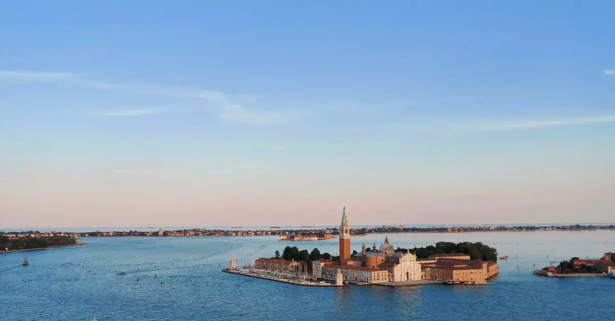 Beautiful aerial view of San Giorgio Maggiore Island in Venice, Italy at sunset.