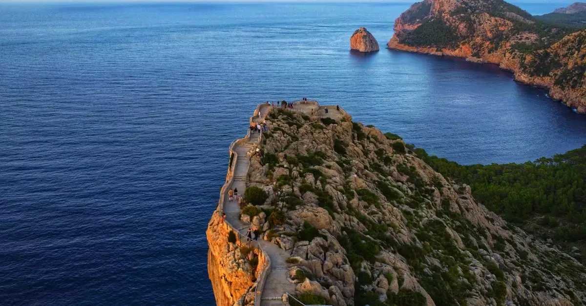 Stunning aerial shot of Cap de Formentor's cliffs in Mallorca at sunset, Spain's scenic coast.