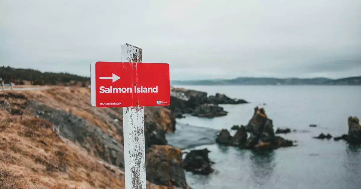 Red sign pointing to Salmon Island along a rugged coast.