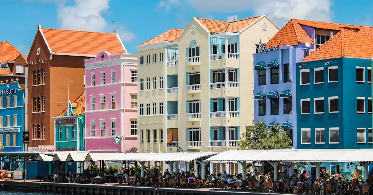 Colorful buildings line the waterfront in Willemstad, Curacao, showcasing Dutch colonial architecture.