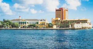Colorful architecture along the Willemstad waterfront, highlighting Curaçao's unique urban landscape.