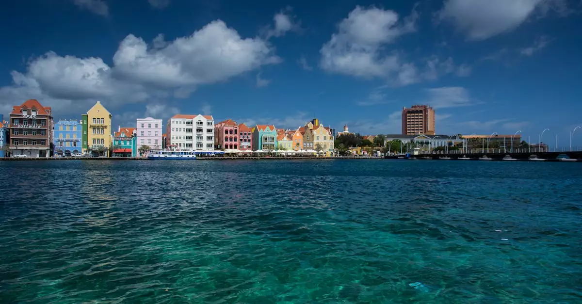 Scenic view of vibrant colonial buildings lining the harbor in Willemstad, Curacao.
