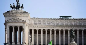 View of the Vittoriano Monument in Rome, Italy, showcasing its neoclassical architecture and iconic statues.