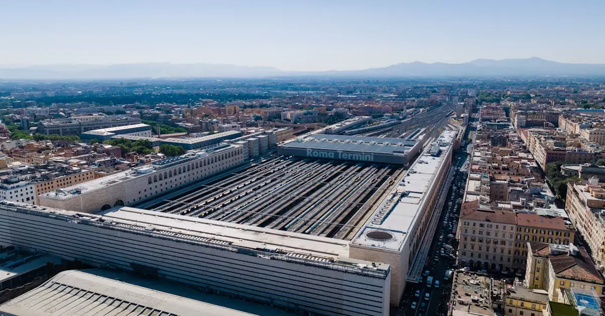 A bustling view of Roma Termini station in Rome, Italy from above during the day.