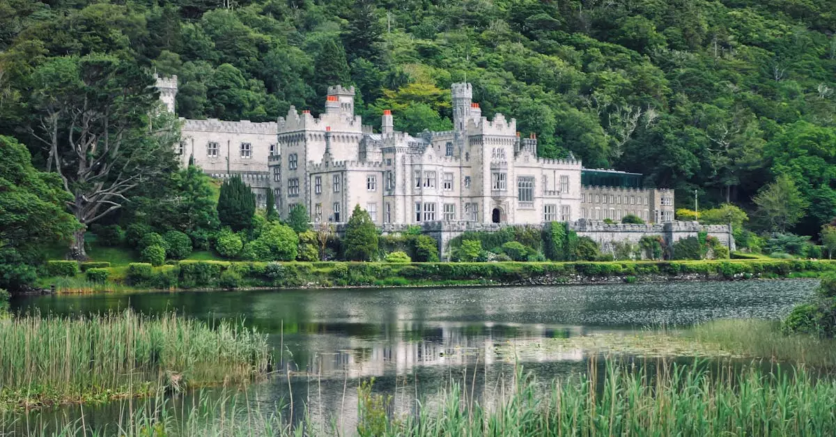 A beautiful historic castle surrounded by lush greenery and a tranquil lake.