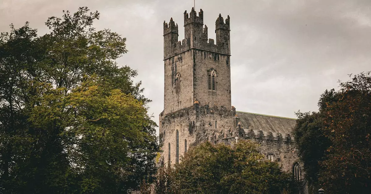 Historic St. Mary's Cathedral in Limerick, Ireland, surrounded by lush trees on a cloudy day.