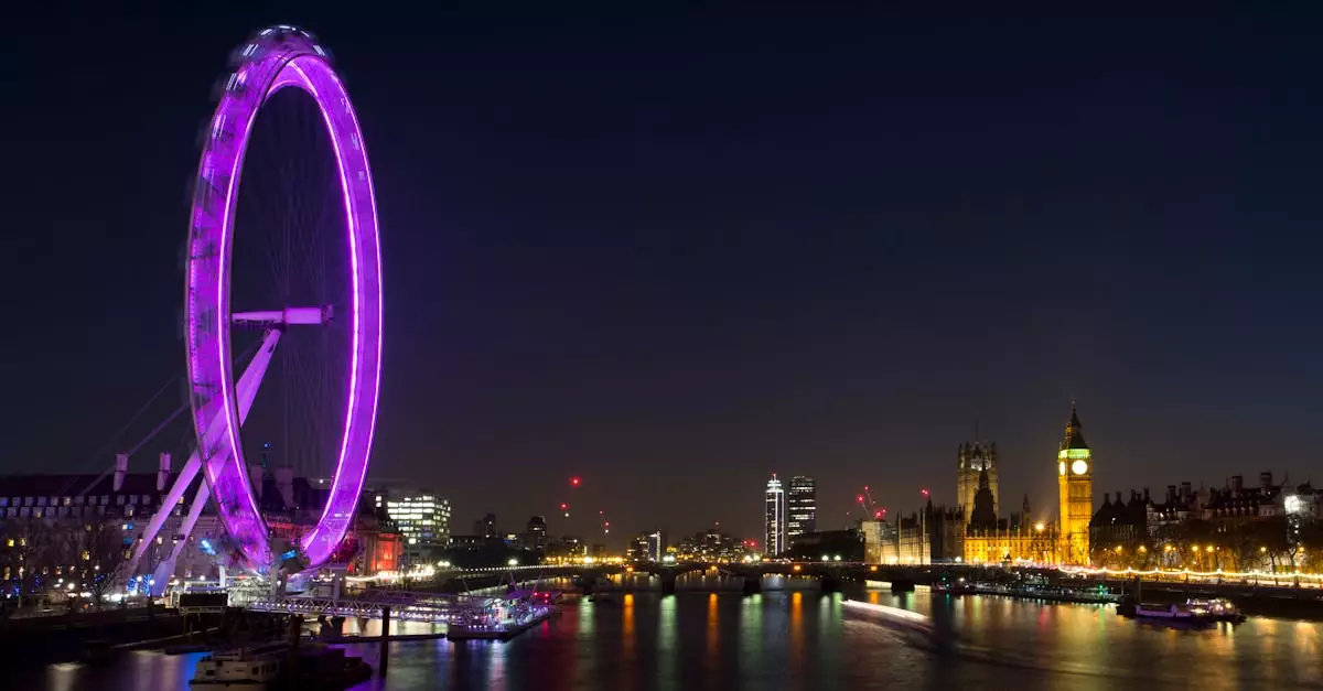 Night view of the illuminated London Eye and Big Ben across the Thames River, showcasing London's vibrant skyline.