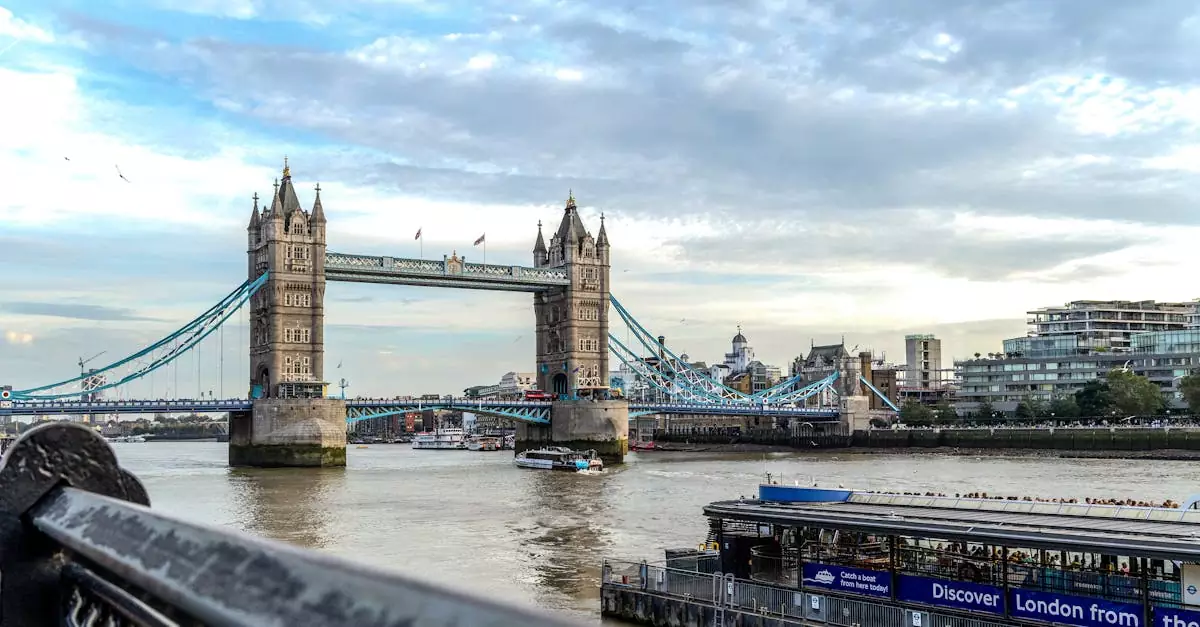 Stunning view of Tower Bridge spanning the Thames River in London, England.