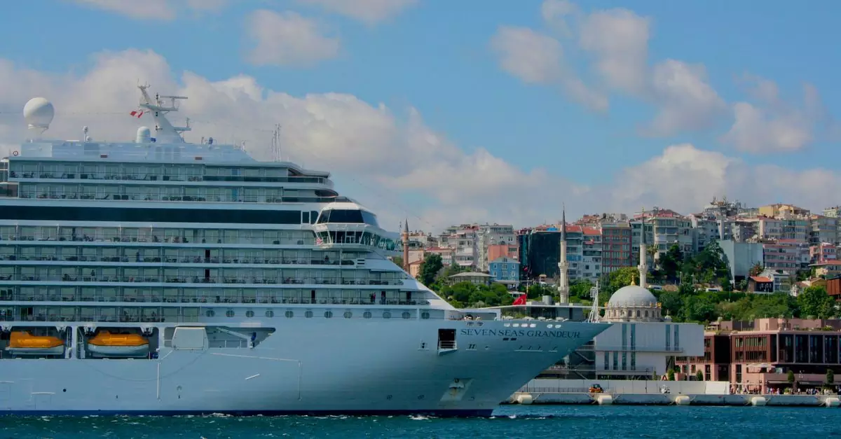 Majestic cruise ship in Istanbul's harbor with cityscape background.