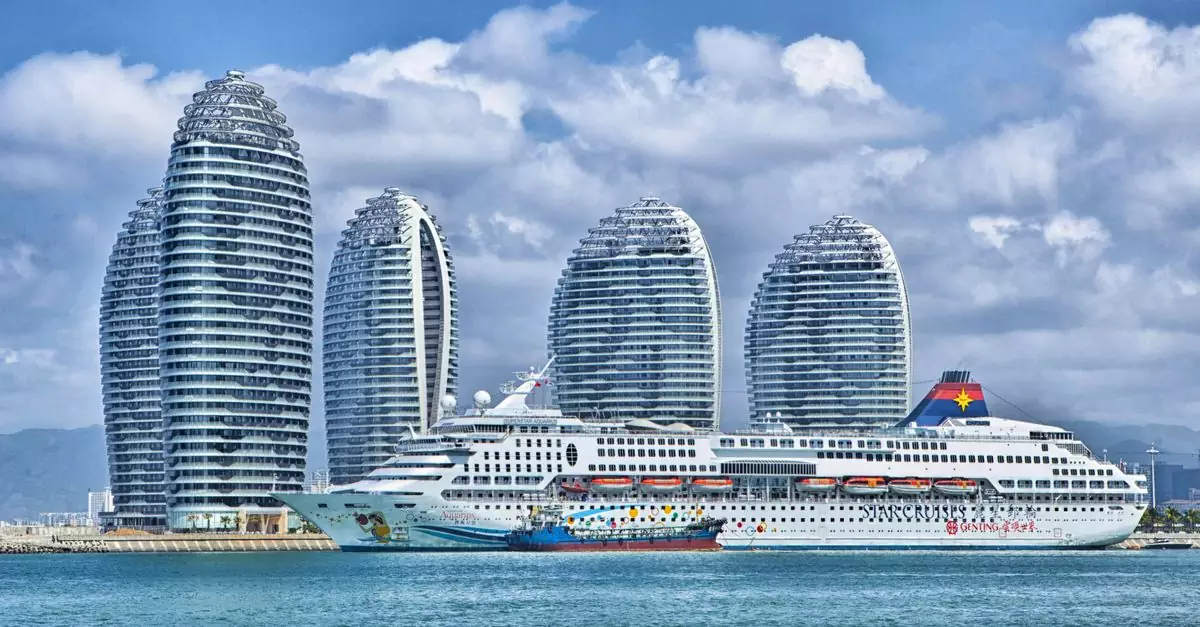 A modern city skyline with a cruise ship docked at the harbor.