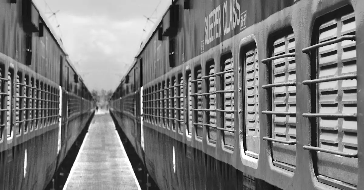 Black and white perspective view of two parallel sleeper class trains, emphasizing symmetry.