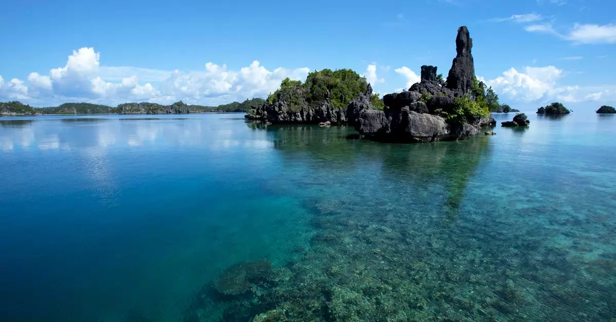 A breathtaking view of a tropical island with pristine clear waters under a bright blue sky.