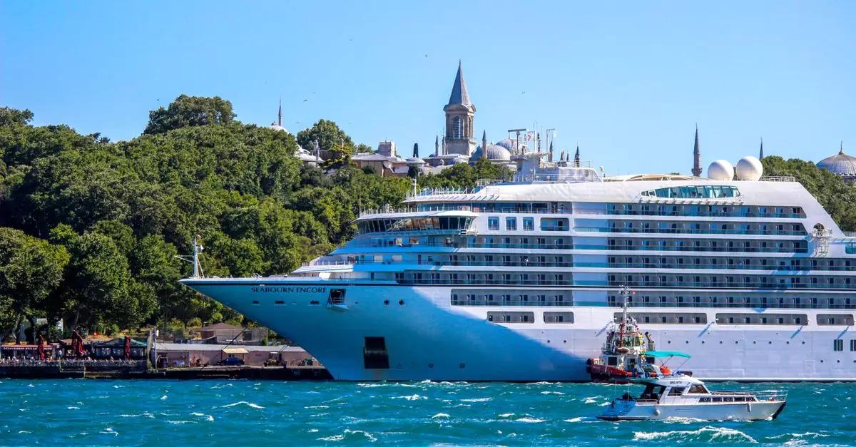 A majestic cruise ship sails through the Bosphorus Strait with a historic Istanbul skyline in the backdrop.