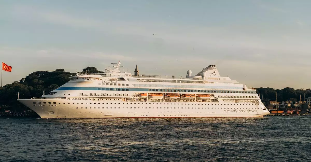 Experience luxury aboard the Astoria Grande cruise ship sailing past Istanbul's iconic shoreline at sunset.