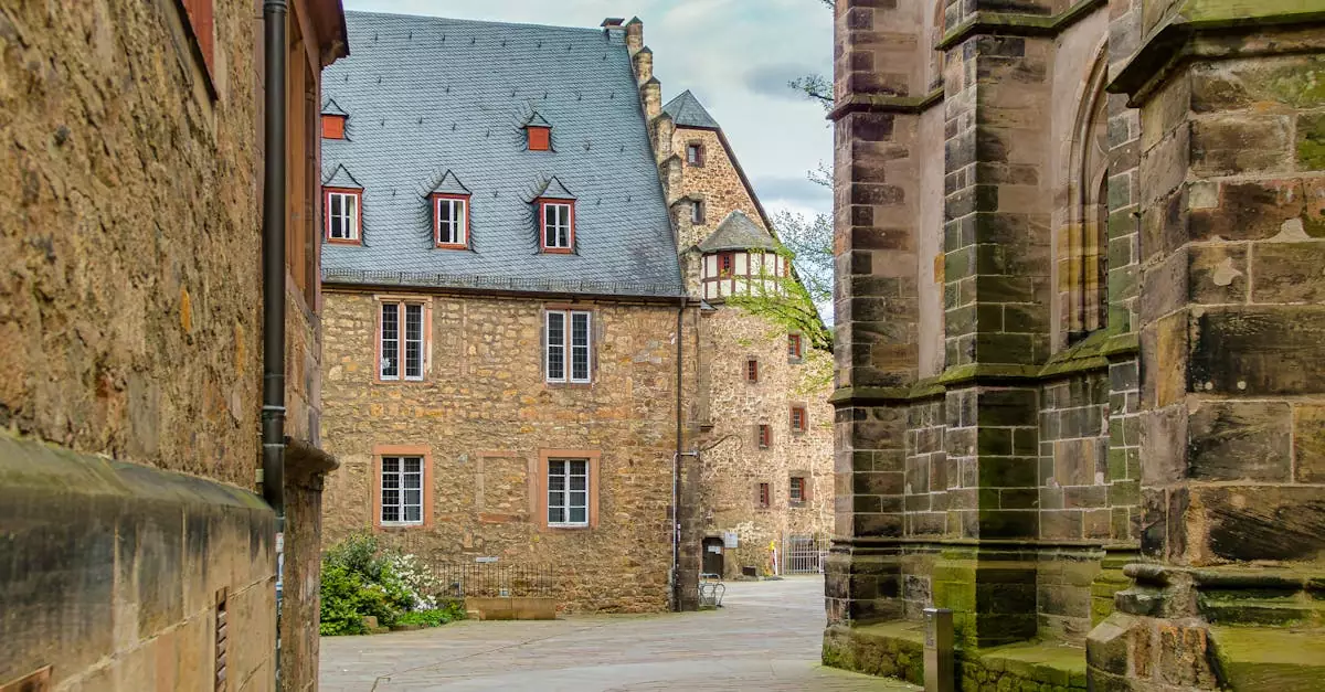 Charming view of medieval buildings in Marburg's old town, featuring Gothic architecture.