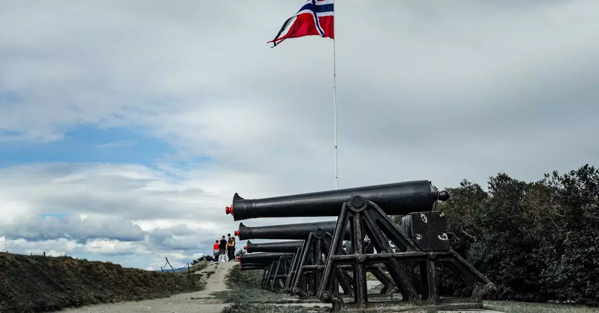 Row of black cannons beneath the Norwegian flag in a scenic outdoor setting.