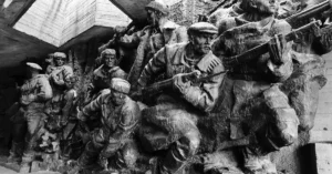 Black and white image of historical war monument depicting soldiers in Kiev, Ukraine.