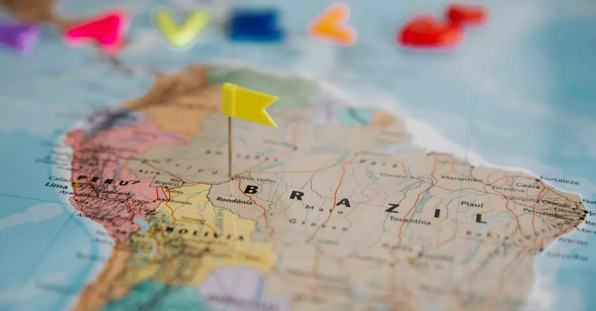 Detailed close-up map of South America highlighting Brazil with a yellow flag pin.