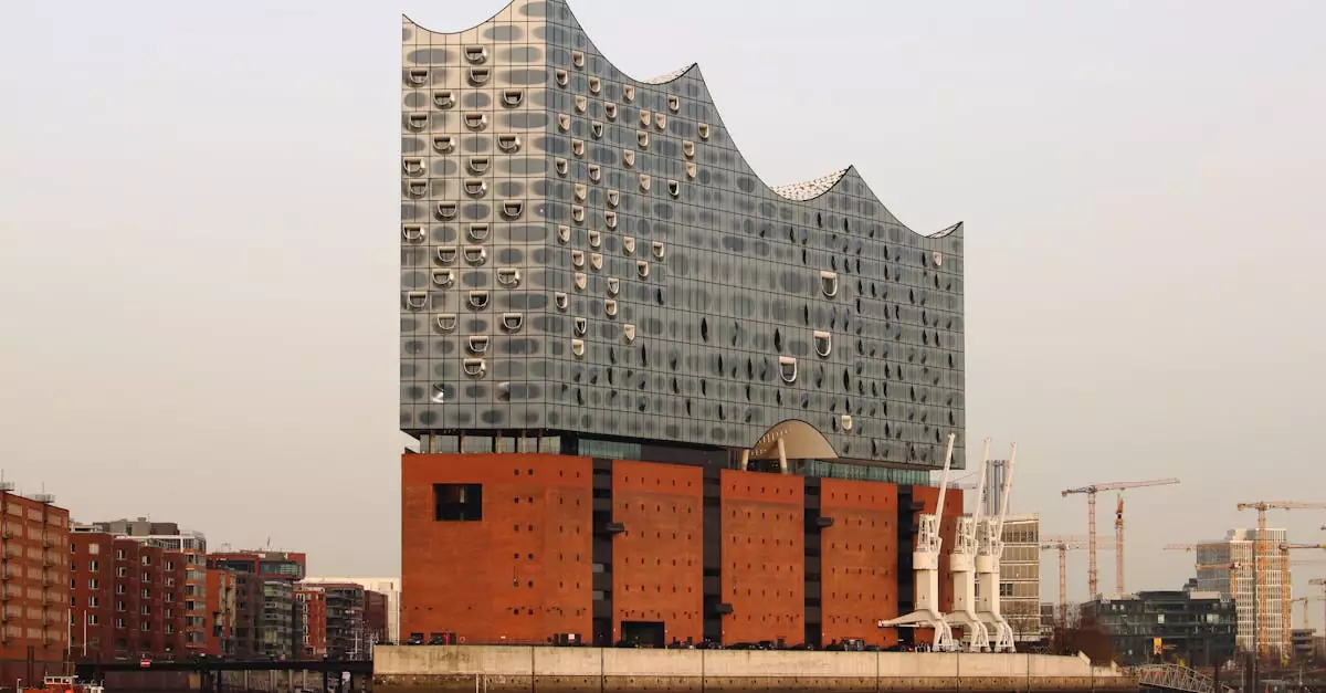 Sunset view of the Elbphilharmonie, showcasing modern architecture on the Hamburg waterfront.