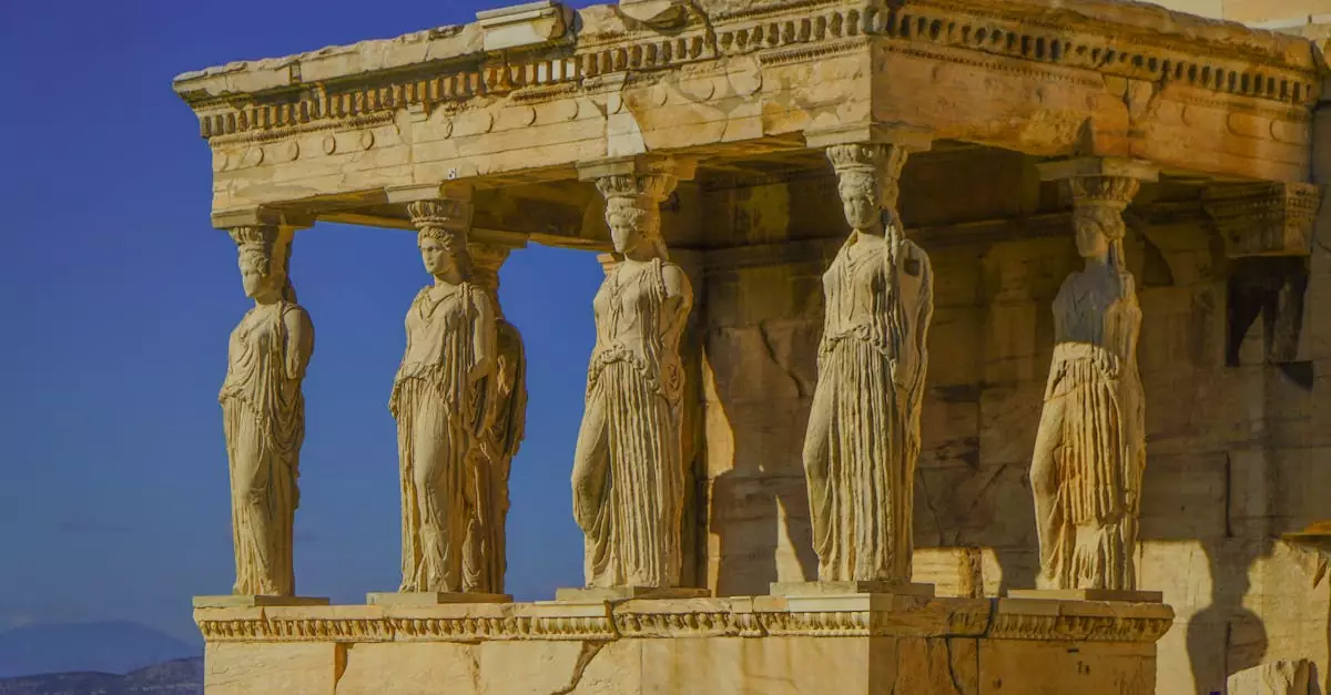 Caryatids of the Erechtheion temple at the Acropolis in Athens, Greece. Ancient Greek architecture.