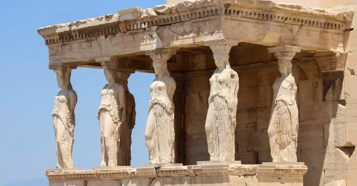 View of the Porch of the Maidens, part of the Erechtheion on the Acropolis in Athens, Greece.
