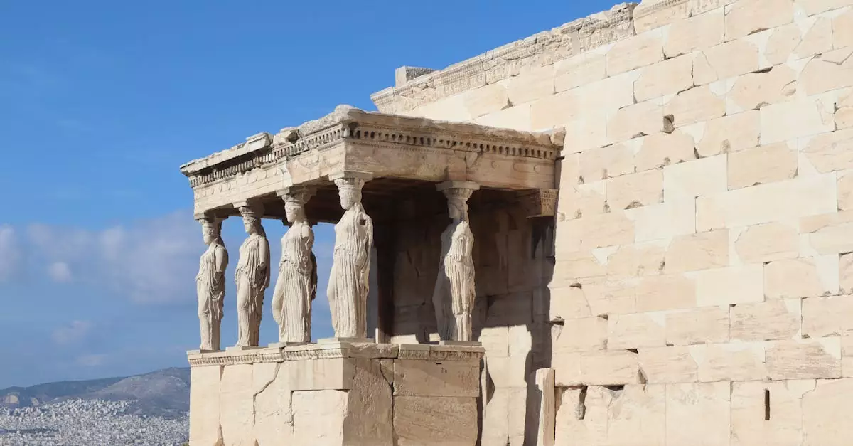 The iconic Porch of the Caryatids in Athens, Greece, showcasing ancient Greek architecture.