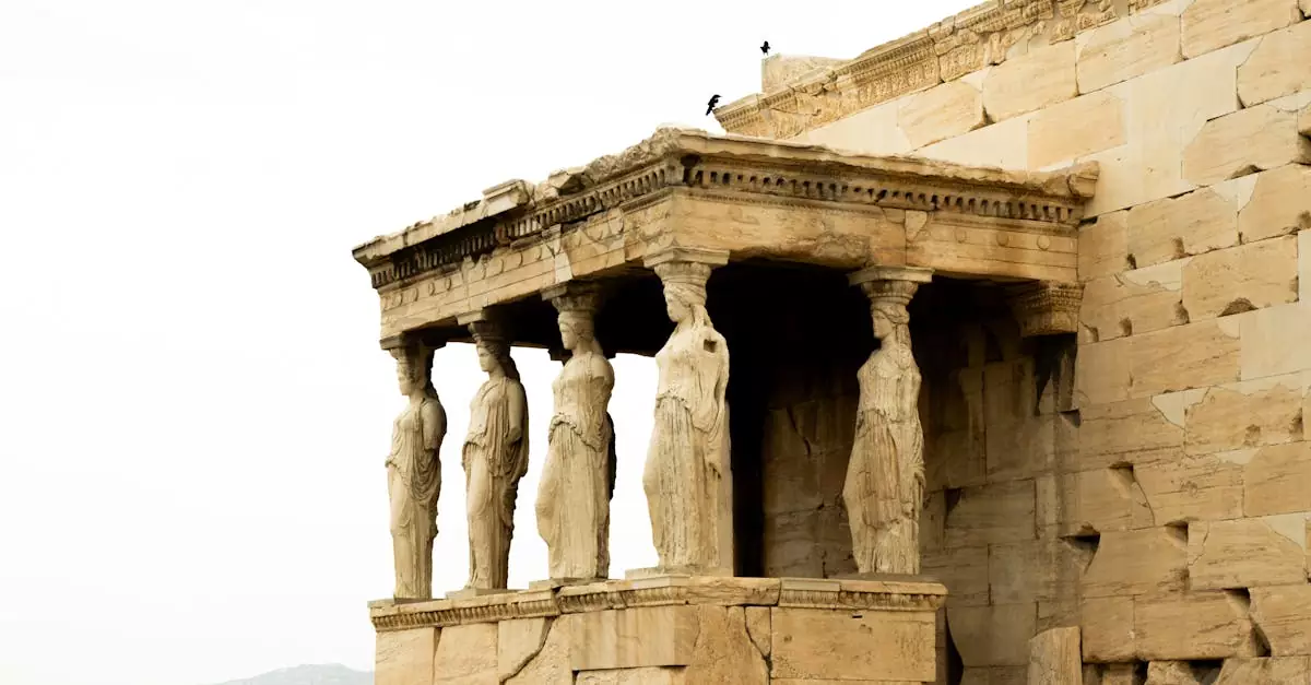 Classical architecture at the Acropolis featuring the Caryatids on the Erechtheion.