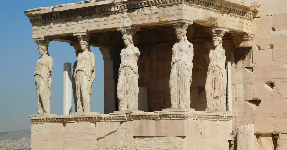 Close-up of the iconic Caryatids on the Erechtheion, Athens' Acropolis.