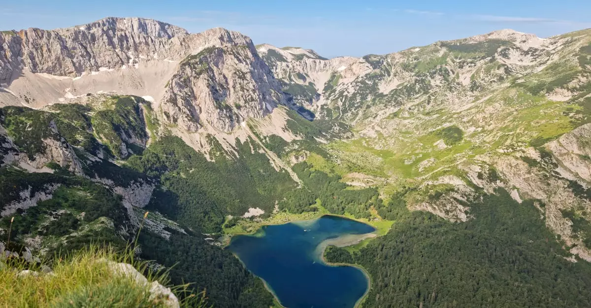 A stunning aerial view of Trnovacko Lake surrounded by lush greenery and rocky mountains under a clear blue sky.