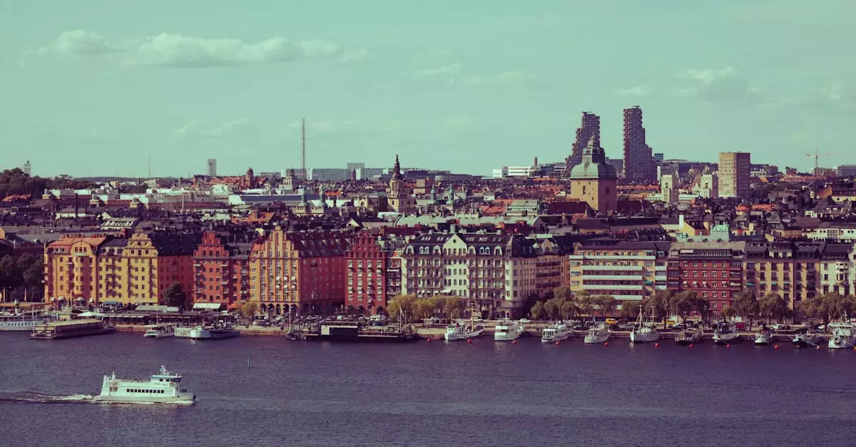 Vibrant cityscape of Stockholm, featuring historic and modern architecture by the water.