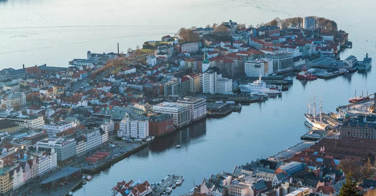 A breathtaking aerial shot of Bergen, Norway, showcasing the harbor and cityscape with boats and waterfront buildings.