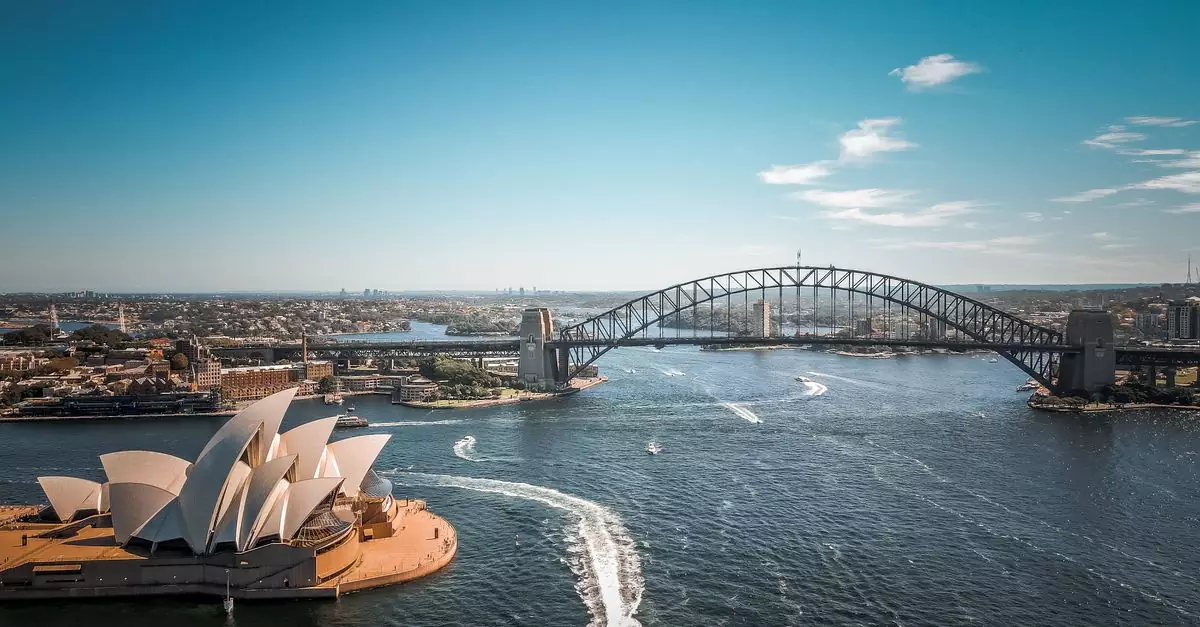 Stunning aerial view of Sydney Opera House and Harbor Bridge with boats in the water.