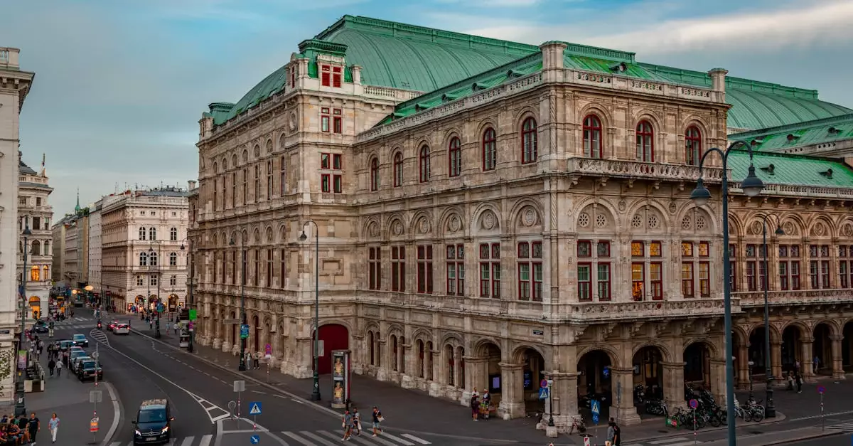Aerial view of Vienna's historic opera house with bustling street below.