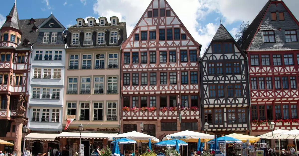 Charming half-timbered buildings at R&ouml;merberg Square, Frankfurt.