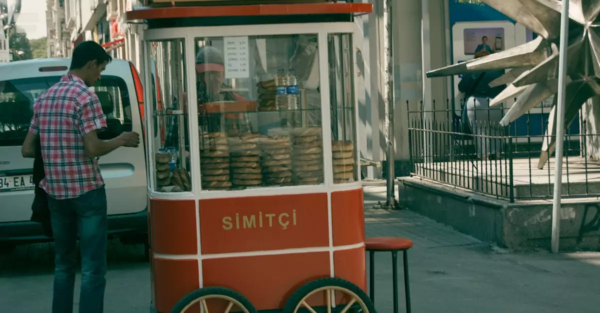 Street vendor with simit cart in Istanbul offers traditional Turkish snacks.