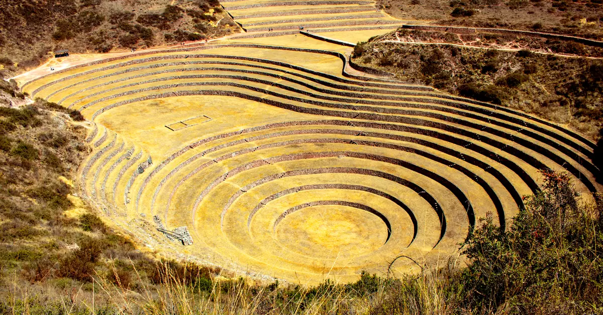 Aerial view of the ancient Incan agricultural terraces at Moray, Peru.