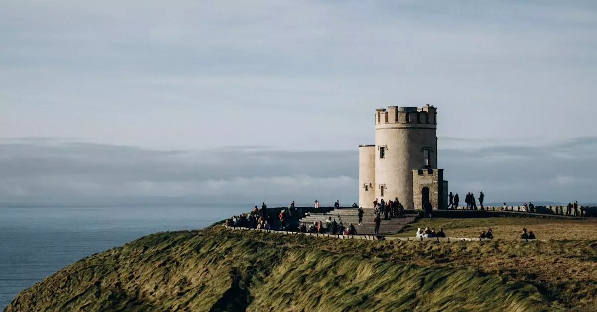 Scenic view of O'Brien's Tower on the Cliffs of Moher, a popular tourist attraction in Ireland.