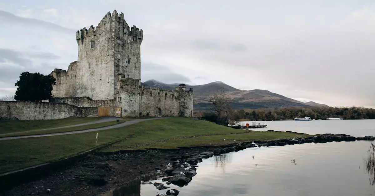 Scenic view of the historic Ross Castle by Lough Leane in Killarney, Ireland.