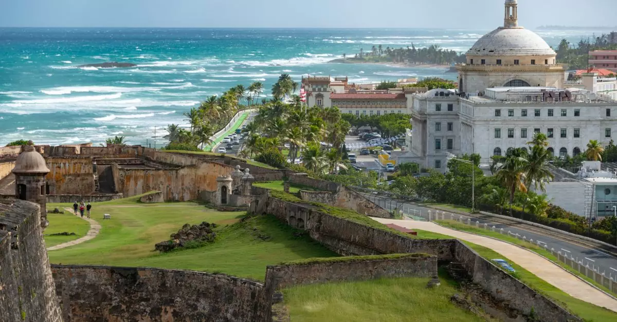 Capture of Castillo San Felipe del Morro in San Juan, Puerto Rico, with ocean and Capitol in view.