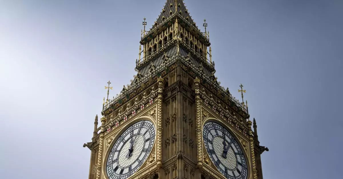 A close-up view of London's famous Big Ben clock tower under a clear blue sky.