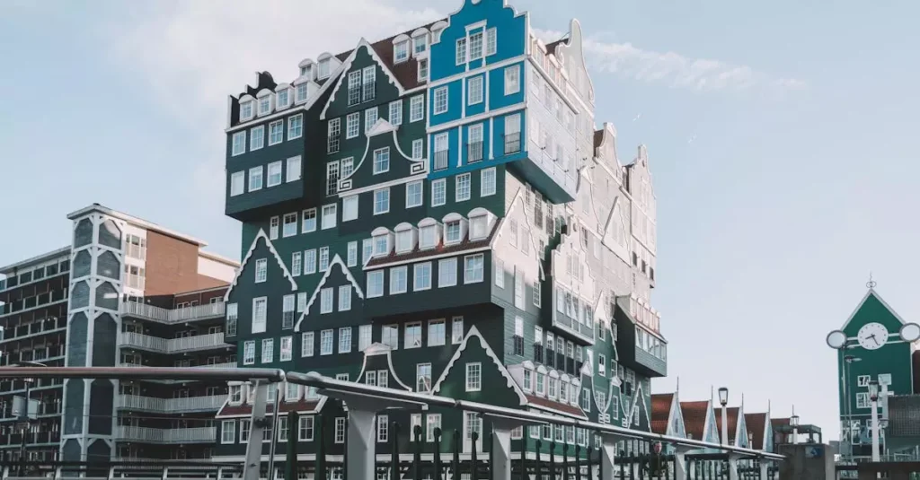 Explore the iconic Inntel Hotel Zaandam with its stunning stacked house design in the Netherlands.