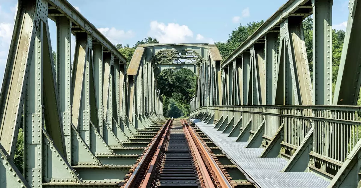 Metal railway bridge in Winsen (Luhe), Germany under bright daylight.